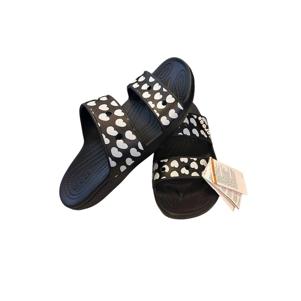 Crocs Classic‎ Sandal Mens 13 Black NWT Heart Print Double Strap Slides